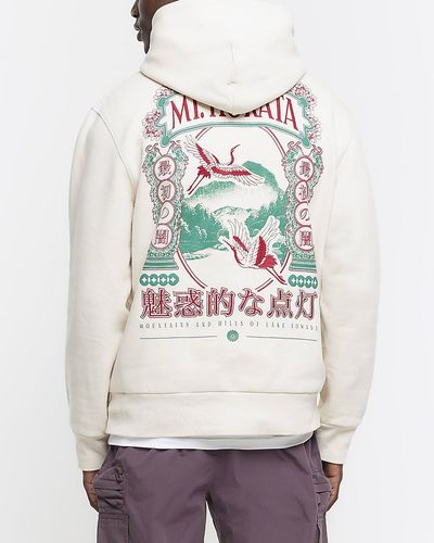 River Island Ecru Regular Fit Japanese Graphic Hoodie - Grey