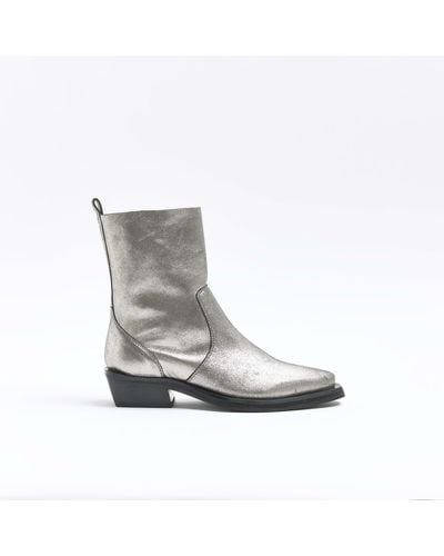 River Island Silver Leather Western Boots - Grey