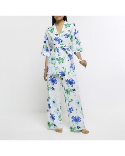River Island Blue Floral Kimono Pyjama Set
