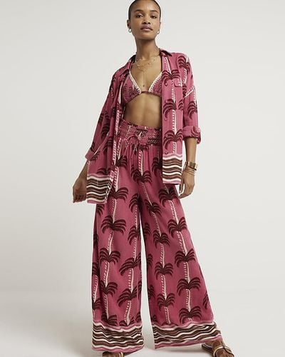 River Island Plus Pink Palm Tree Wide Leg Beach Trousers - Red