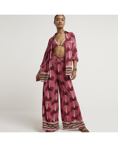 River Island Pink Palm Tree Wide Leg Beach Trousers - Red