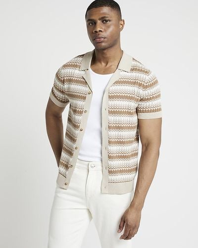 River Island Stone Slim Fit Knit Stripe Shirt - White