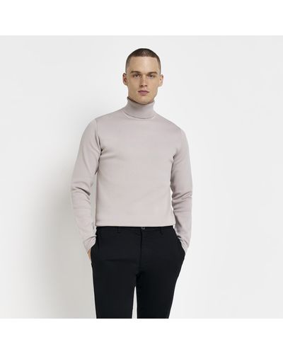 River Island Stone Slim Fit Roll Neck Knitted Sweater - Natural