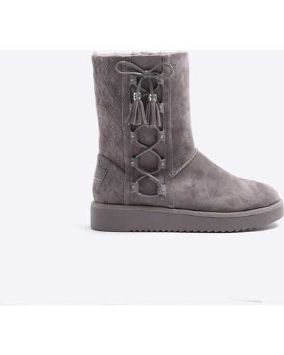 River Island Suedette Embossed Ankle Boots - Grey
