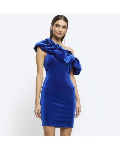 River Island Blue Velvet Off Shoulder Bodycon Mini Dress