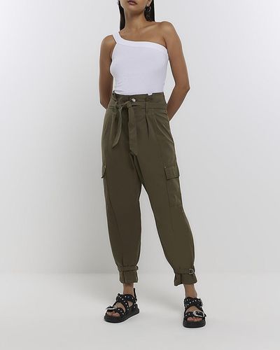 River Island Khaki Paperbag High Waisted Trousers - Green