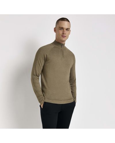River Island Khaki Slim Fit Half Zip Knitted Sweater - Natural