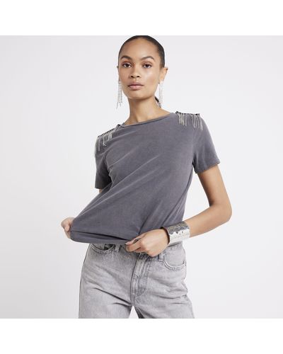 River Island Black Washed Diamante Embellished T-shirt - Grey