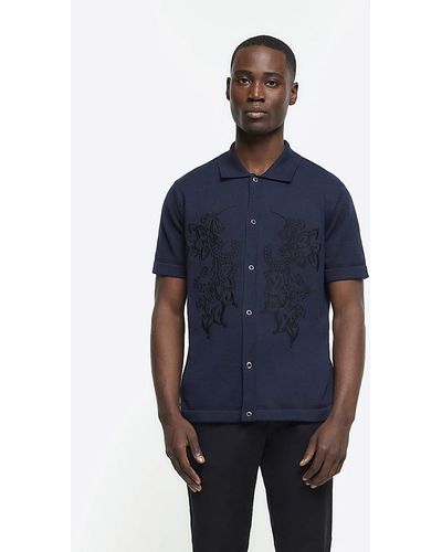 River Island Navy Slim Fit Embroidered Shirt - Blue
