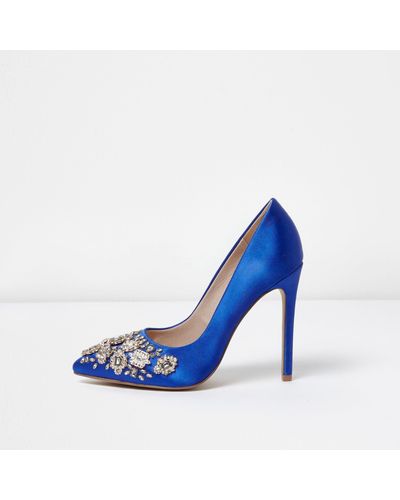 River Island Blue Satin Diamante Embellished Court Shoes