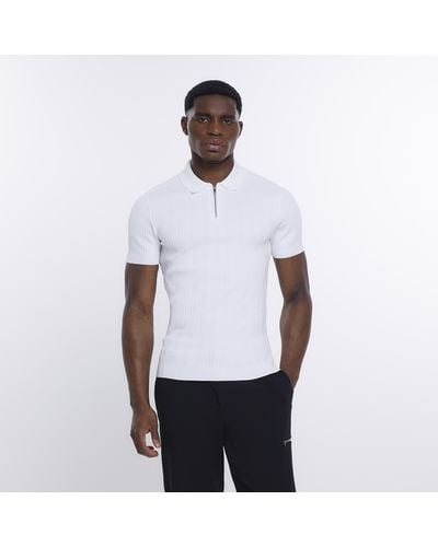 River Island White Muscle Fit Ribbed Half Zip Polo Shirt