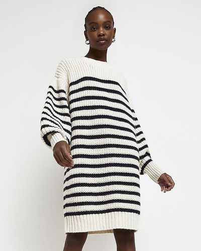 River Island Ecru Stripe Knit Sweater Mini Dress - White