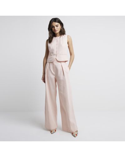 River Island Wide Leg Pleated Linen Blend Trousers - Pink