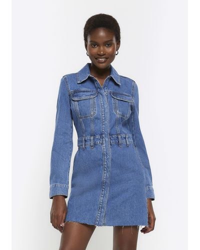 River Island Denim Long Sleeve Mini Shirt Dress - Blue