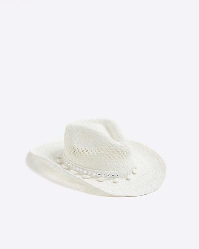 River Island White Shell Cowboy Straw Hat
