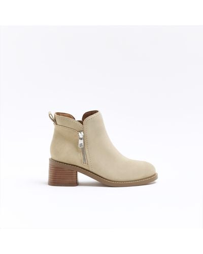 River Island Stone Suede Heeled Ankle Boots - White