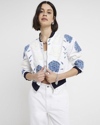River Island White Embroidered Cropped Bomber Jacket