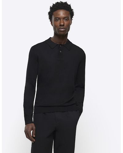 River Island Black Slim Fit Knitted Long Sleeve Polo