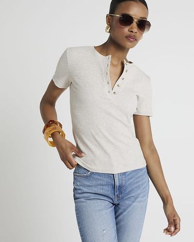 River Island Ribbed Button T-shirt - White