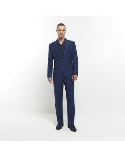 River Island Blue Slim Fit Linen Blend Suit Trousers