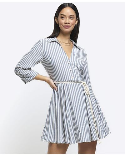 River Island Blue Stripe Tie Waist Mini Shirt Dress - White