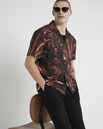 River Island Palm Print Short Sleeve Shirt - Brown