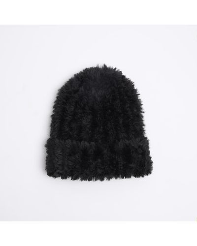 River Island Black Faux Fur Beanie Hat