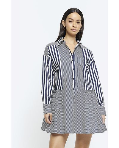 River Island Blue Stripe Long Sleeve Mini Shirt Dress