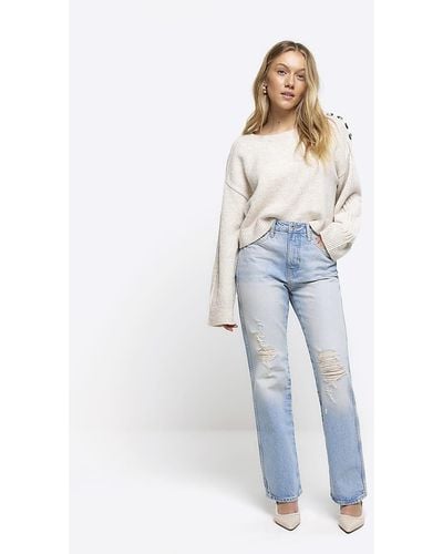 River Island Ripped Stove Pipe Straight Jeans - Blue