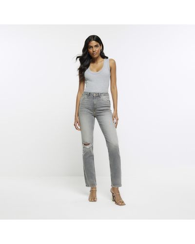 River Island Ripped High Waisted Slim Straight Jeans - White