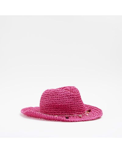 River Island Straw Beaded Cowboy Hat - Pink