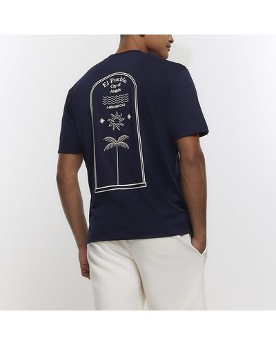 River Island Navy Regular Fit Embroidered Graphic T-shirt - Blue