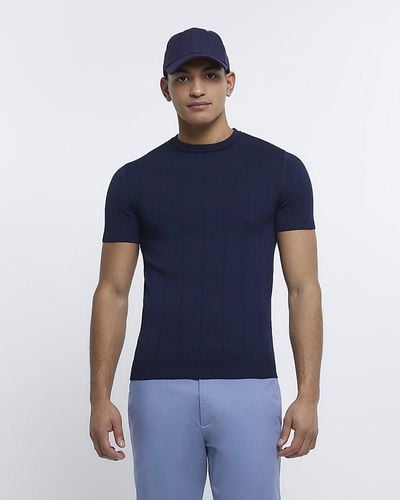 River Island Navy Muscle Fit Knitted T-shirt - Blue