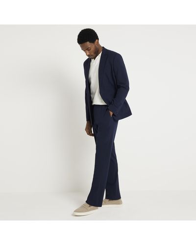 River Island Navy Slim Fit Seersucker Suit Trousers - Blue