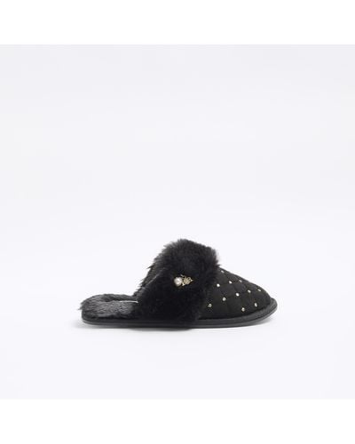 River Island Black Quilted Pearl Detail Slippers