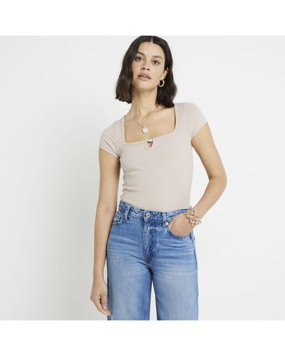 River Island Ribbed Pearl Detail Bodysuit - Blue