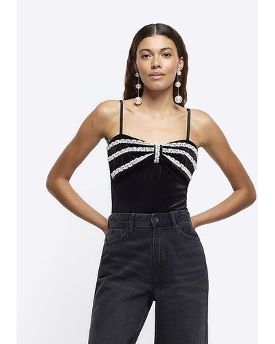 River Island Black Velvet Pearl Bow Bodysuit - Blue