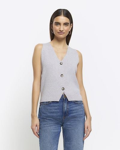 River Island Gray Knit Button Up Waistcoat - White