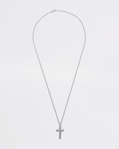 River Island Silver Colour Embossed Cross Pendant Necklace - White