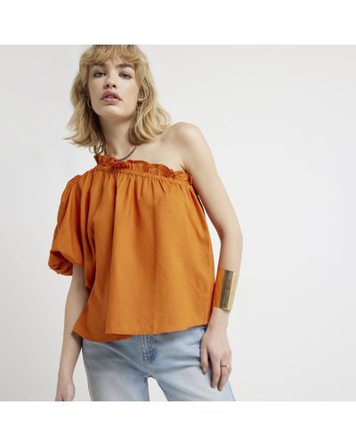 River Island Rust Linen Blend One Shoulder Top - Orange