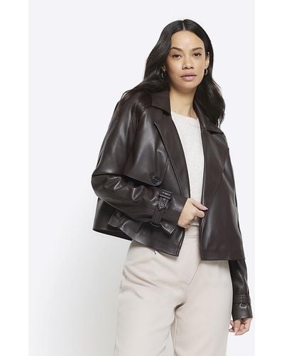 River Island Brown Cropped Faux Leather Trench Coat