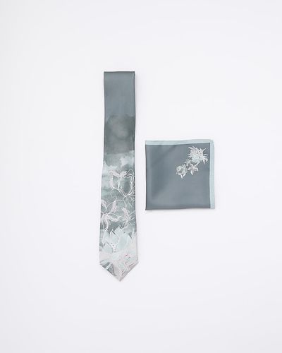 River Island Floral Tie And Handkerchief Set - Blue