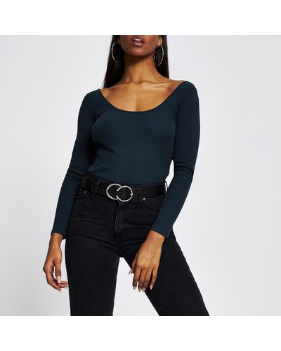 River Island Green Ribbed Scoop Neck Top