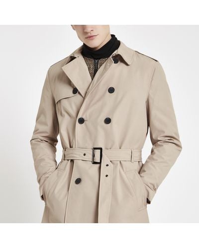 River Island Stone Double Breasted Smart Belted Mac - Natural