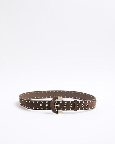 River Island Brown Suede Studded Belt - White