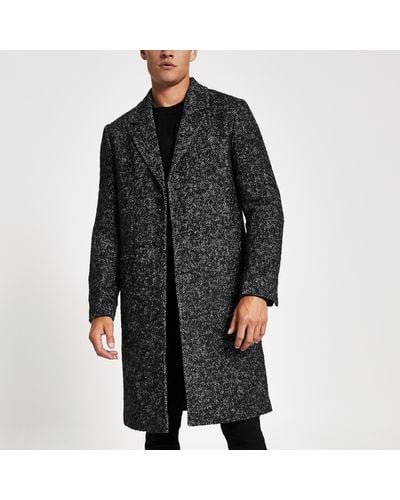River Island Herringbone Wool Overcoat - Grey