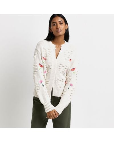 River Island Cream Embroidered Chunky Knit Cardigan - Natural