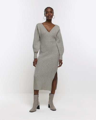 River Island Gray Knit Wrap Sweater Midi Dress