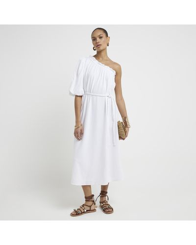 River Island White Linen Blend Belted Shift Midi Dress