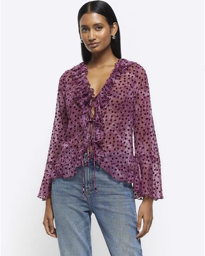 River Island Paisley Frill Tie Up Blouse - Purple